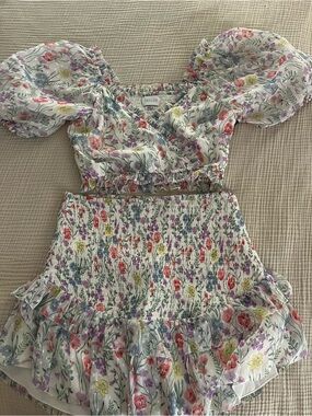 Saylor Floral Puff-Sleeve Two-Piece Dress Set in Multi Floral. M top L skirt